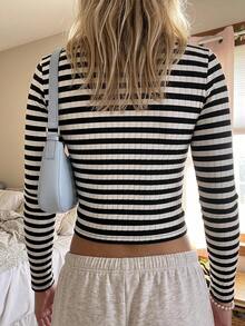 CovetEZ Autumn New Black And White Striped Ribbed Knit Short Crew Neck Long Sleeve Slim Fit Women's T-Shirt Suitable For Daily Commute Everyday Daytime Casual - Blue - View 2