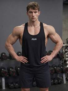 GymBeat 男友風男士字母圖案露背運動背心，健身背心組，健身房上衣，透氣輕量黑色 - 黑色 - 查看 6