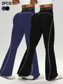 Velisys Velisys 2PCS Black Navy Blue 2 Pieces Set Women's Sports Pants, Cross Sport Slogan Elastic Waistband Color Block Line Split Flare Leg Pants, Yoga, Gym, Summer - Multicolor - View 2