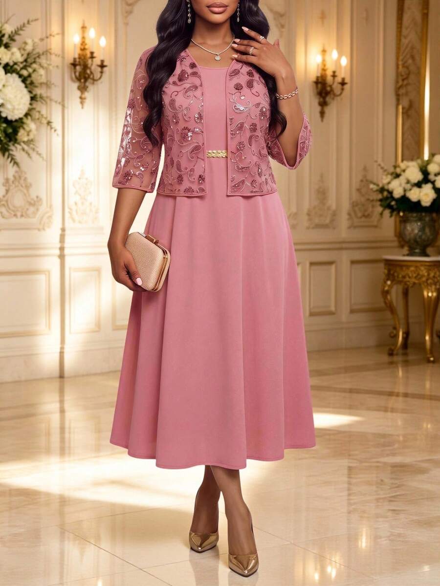 Fleurora Plus Size Women's Sequin 3/4 Sleeve Open Front Top And Dress Elegant 2 Pieces Set Wedding Guest Pink Dusty Pink Autumn - Dusty Pink - View 1