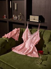 SilkySpell Pink Heavy Lace Sexy Plus Size Faux Silk Pajama Set - Pink - View 6