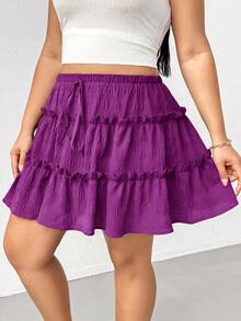 Shapeblank Plus Size Women's Solid Color Front Tie Frill Trim Skirt Fall - Purple - View 4