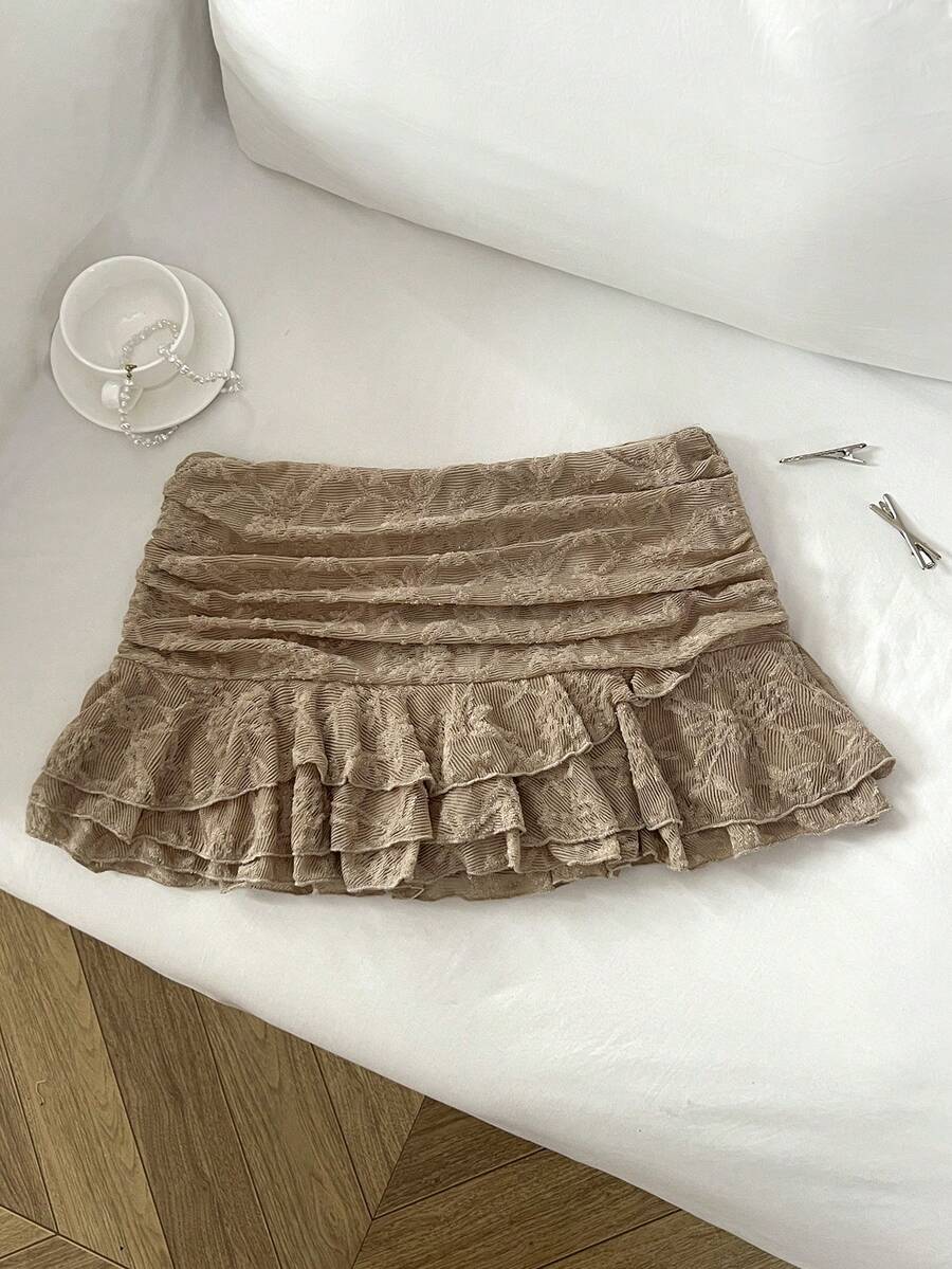 Elamini 女款優雅荷葉邊下擺度假風迷你裙,秋季,學院風 - 卡其色 - 查看 1