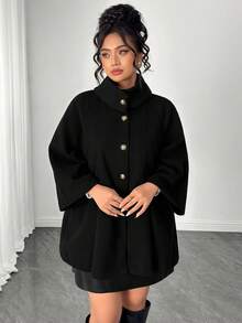 Elenzga Plus Size Elegant Stand Collar Lapel Full Button Decor Long Sleeve Loose Black Overcoat Office Formal Evening Fall - Black - View 5