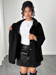 Elenzga Plus Size Elegant Stand Collar Lapel Full Button Decor Long Sleeve Loose Black Overcoat Office Formal Evening Fall - Black - View 9