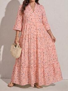 Comfylo Ditsy Floral 3/4 Sleeve Patchwork Tiered Maxi Dress Plus Size Fall - Multicolor - View 1