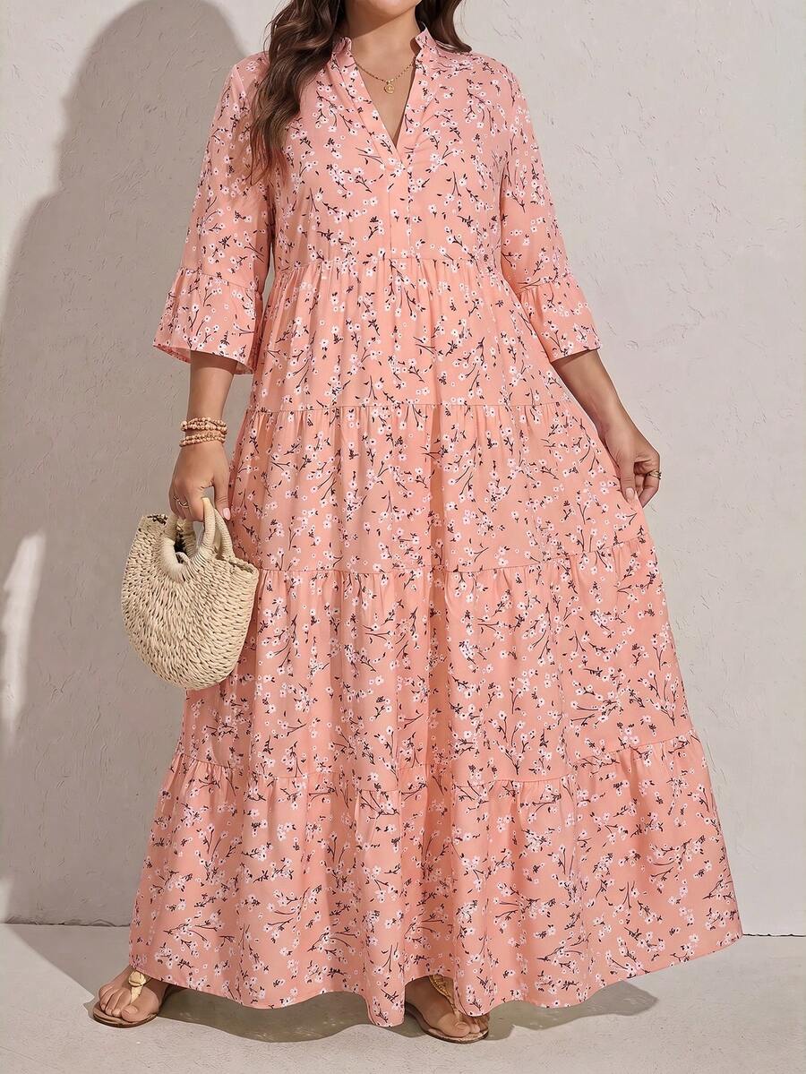 Comfylo Ditsy Floral 3/4 Sleeve Patchwork Tiered Maxi Dress Plus Size Fall - Multicolor - View 1