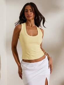 Opulessa Spring/Summer Vacation Solid Color Knit Fitted Women's Tank Top - Light Yellow - View 6