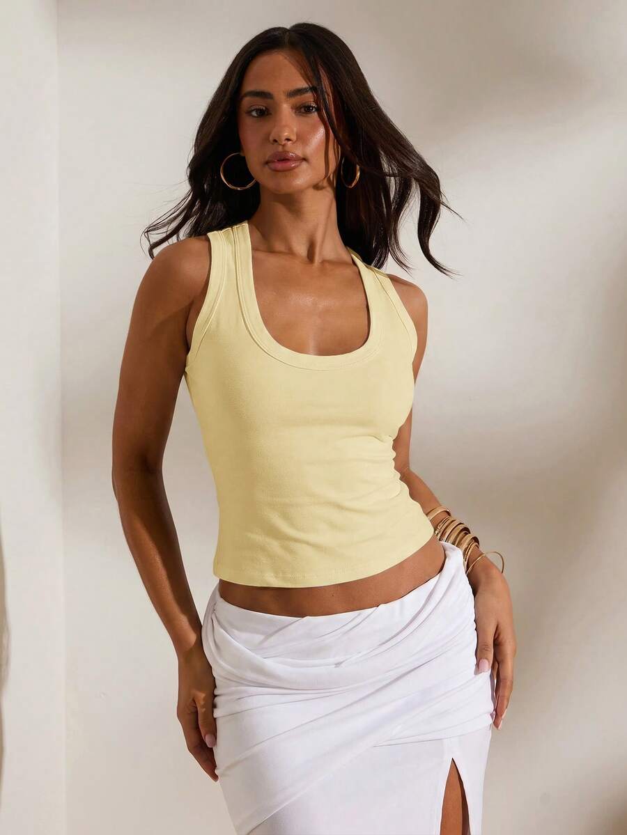 Opulessa Tank Top Rajut Polos Pas Badan untuk Wanita, Cocok untuk Liburan Musim Semi/Panas - Kuning muda - View 1