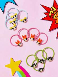 THE POWERPUFF GIRLS X SHEIN 12件組可愛卡通彈性髮圈，多色3D設計，強力固定不拉扯頭髮，馬尾髮圈髮帶 - 彩色 - 查看 6