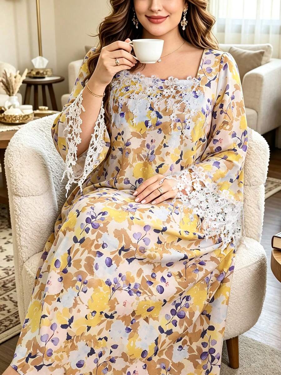Al Najma Arabisches Damenkleid in großen Größen mit quadratischem Ausschnitt, Blumenmuster, Cut Out Design, Fransen, Spitzenbesatz, strukturiertem Stoff, Digitaldruck, ausgestellter Silhouette, 3/4-Ärmeln, locker, bequem und elegant für Party & Ausgehen - Verschiedenfarbig - Übersicht 1