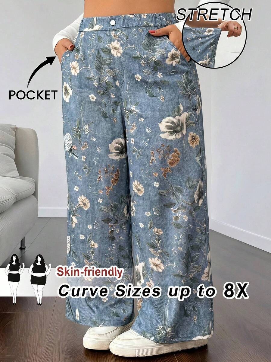 SHEIN CURVE+ Damen Große Größen Bedruckte Elastische Taille Weite Beine Lockere Lässige Hose Strandkleidung Herbst, Winter 2026 22W - Verschiedenfarbig - Übersicht 1