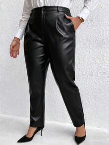 SHEIN LUNE CURVE Plus Size Women's Solid Color Pocket Slim Fit Tapered Leg Suit Pants - Black - View 6