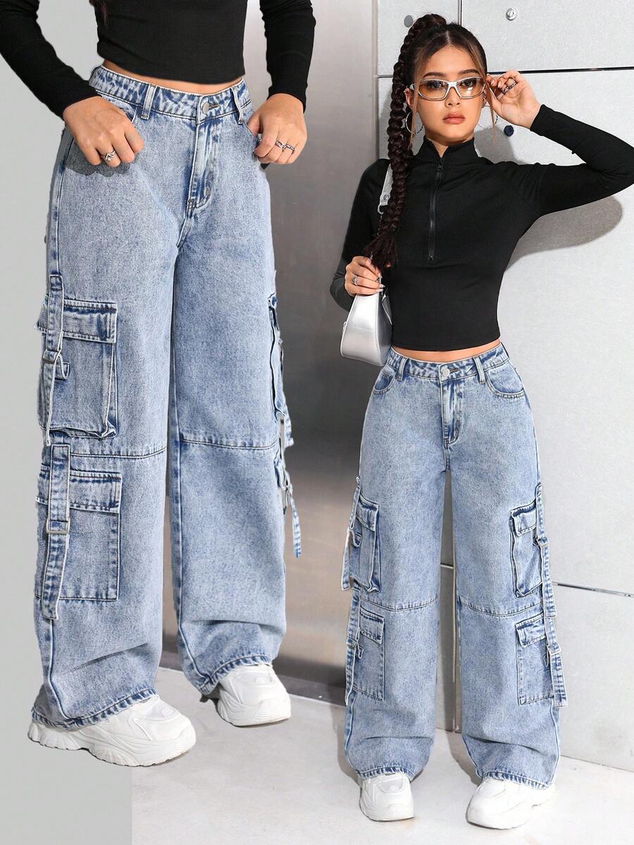 SHEIN 少女Y2K时尚水洗高腰宽松阔腿工装牛仔裤,带实用口袋,百搭风格,冬季街头服饰 - 中等水洗藍 - 查看 1