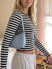 CovetEZ Autumn New Black And White Striped Ribbed Knit Short Crew Neck Long Sleeve Slim Fit Women's T-Shirt Suitable For Daily Commute Everyday Daytime Casual - Blue - View 5
