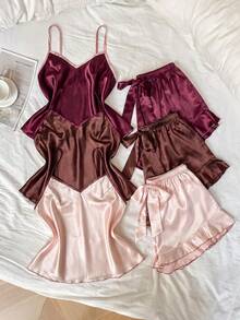 LuxeNights Contrast Color Frill Trim Design Multi-Piece Faux Silk Set Combination 3 Sets - Multicolor - View 1