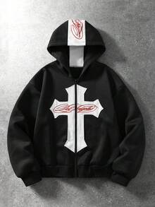 ROMWE MEN Men's Artistic Calligraphy Print Cross Patch Embroidery Streetwear Sweatshirt Hoodie - Black - View 1