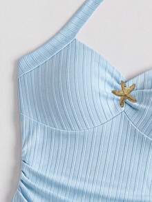 Sparklyn Elegant Yellow Textured Fabric Off-Shoulder Ruched Front Metal Decor Layered Ruffle Hem Playful Mini Dress, Suitable For Beach Vacation For Teen Girls In Spring/Summer - Dusty Blue - View 6