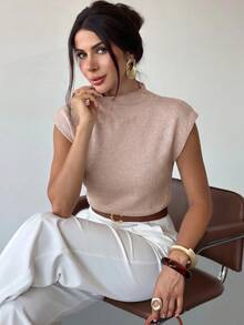Firerie Elegant High Neck Loose Casual Versatile Sleeveless Knit Sweater - Dusty Pink - View 7