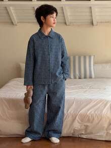 Dazy Kids 青少年男孩格紋長袖上衣與長褲休閒日常居家睡衣套裝 - 灰色 - 查看 6