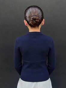 DAZY Tween Girls POLO Collar Fitted Long Sleeve Basic Top Autumn/Winter Knit Top - Navy Blue - View 5