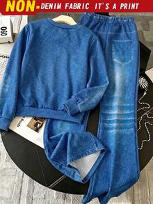 SHEIN Elladie kids 少女運動風字母圖案2件套服裝，拼色長袖衛衣上衣與藍色喇叭褲，休閒學院風秋季穿搭 - 藍色 - 查看 2