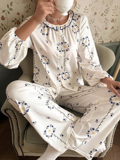 CottageSlumber Casual Round Neck Ruffle Trim Button-Up Long Sleeve Pants Pajama Set