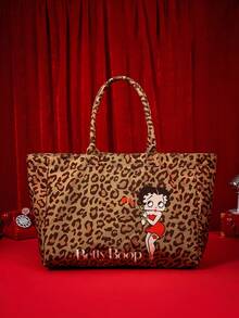 Betty Boop X Joivida 1個豹紋帆布托特包，時尚大容量休閒單肩手提包，適合日常通勤、旅行、海灘度假、學校收納、開學季、生日或節日禮物 - 豹紋 - 查看 1