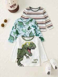 SHEIN Young Boy 3pcs Knit Kids Dinosaur Print Striped Crew Neck Casual T-Shirt Set - Multicolor - View 3