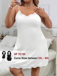 SHEIN CURVE+ 大码女士优雅蕾丝拼接腰身连衣裙，春夏款 - 白色 - 查看 3