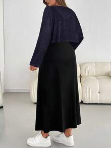 SHEIN Essnce Plus Size Women Solid Color Asymmetric Neck Long Sleeve Top And Skirt Casual Daily 2-Piece Set Fall - Navy Blue - View 4