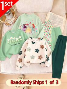 SHEIN 隨機發貨 1/3 款盲盒 1 套女童春夏秋冬花卉、公主、字母與雛菊圖案休閒百搭圓領長袖衛衣 + 內搭褲套裝，適合日常穿著、度假，舒適隨性，休閒風格，花卉圖案穿搭，完美造型 - 彩色 - 查看 1
