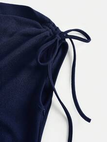SHEIN Tween女孩春/夏新款皇家藍純色不對稱領口抓皺蝴蝶結拼接花卉印花下擺繫帶中長洋裝，適合春/夏度假、陽光洋裝、女孩洋裝，適合春/夏外出 - 藏蓝色 - 查看 4
