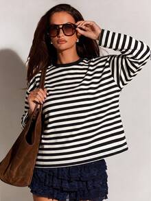 Athîral Women's Casual Grey Striped Back Red Letter Print Crew Neck Long Sleeve T-Shirt, Back To School Season - Grey - View 2