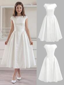 Girlism Tween Girls Dresses Spring Summer New White Woven Satin Casual Elegant Vintage Long Puff Skirt, Vintage Waist-Cinching Dress, Elegant Ruched Large A-Line White Dress, Suitable For Weddings, Dates, Outings, Cute, French White Waist-Cinching Dress - White - View 1