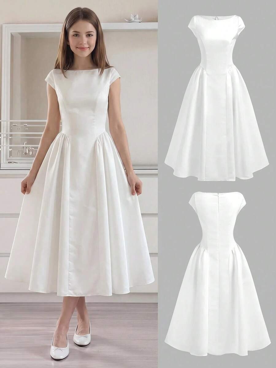 Girlism Tween Girls Dresses Spring Summer New White Woven Satin Casual Elegant Vintage Long Puff Skirt, Vintage Waist-Cinching Dress, Elegant Ruched Large A-Line White Dress, Suitable For Weddings, Dates, Outings, Cute, French White Waist-Cinching Dress - White - View 1