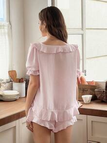 Snug Reverie Conjunto de pijama de shorts con volantes románticos de unicolor para mujer - Rosa Pálido - Ver 2