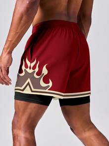 Gritte Field Vintage Gothic Flame Graphic Double Layer Shorts For Men, Ribbed Textured Outer Short, Anti-Rub Inner Liner, Contrast Hem Trim Drawstring Waist Pocket - Multicolor - View 2