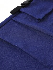 SHEIN 少女純色彈性腰工裝口袋百褶寬腿長褲 - 藍色 - 查看 7
