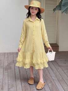 DAZY Vestido de manga larga con volantes sueltos y corte A para niñas preadolescentes en otoño (Talla grande) - Amarillo - Ver 5