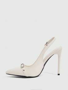 CUCCOO SZL 女款尖頭細高跟米色後提跟扣飾鉚釘優雅時尚性感女鞋 Slingback 穆勒鞋 - -馬油二代米白8# - 查看 4