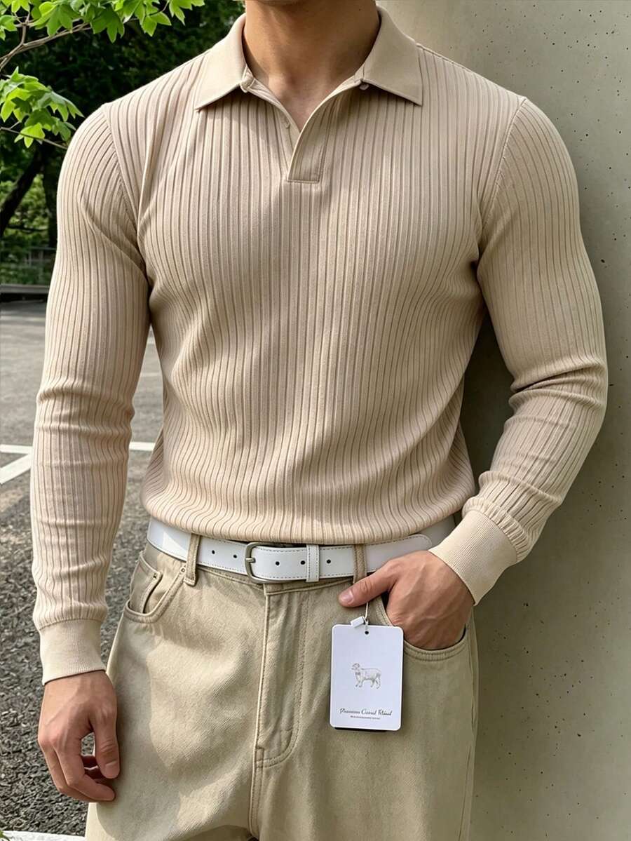 JOLTRO 男士純色長袖休閒通勤 Polo 衫 - 卡其色 - 查看 1