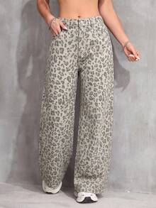 SHEIN Teen Girl Leopard Print Straight Leg Jeans - Multicolor - View 1