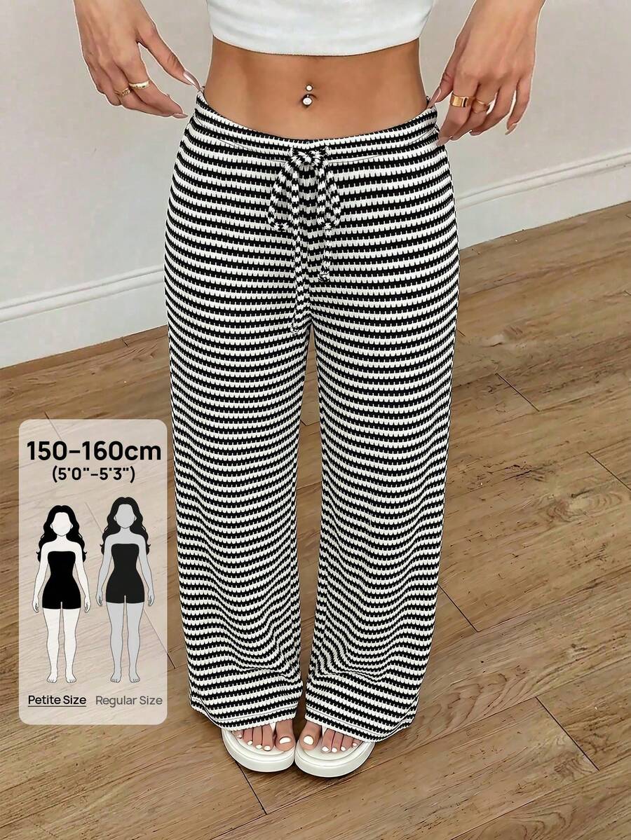 SHEIN PETITE Women Pants Vacation Black And White Striped Checkered Summer Boho Casual Holiday - Black and White - View 1