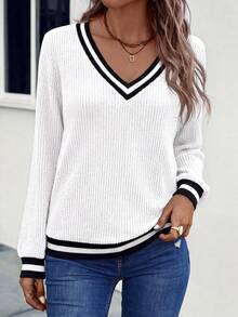 EMERY ROSE Women's Fashion Vacation Striped Colorblock Long Sleeve V-Neck Sweatshirt - White - View 3
