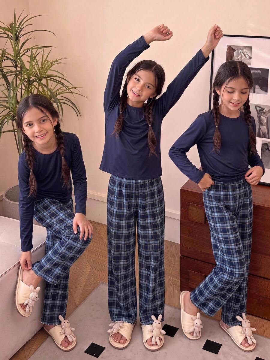 SHEIN Tween Girl Solid Color Long Sleeve Top And Plaid Pants Casual Daily Home Sleepwear Set - Navy Blue - View 1