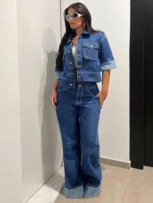 Jeanoix 女款單排扣工裝口袋休閒牛仔夾克 - 中等水洗藍 - 查看 3