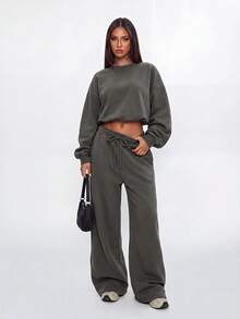 Avantive Women's Solid Color Long Sleeve Top And Drawstring Waist Pants Casual Daily 2-Piece Set - Coffee Brown - View 7