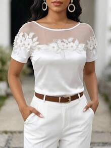 SHEIN Lady Kaos Wanita Lengan Pendek Elegan Musim Panas dengan Aplikasi Jala Kontras - Putih - View 4