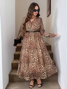 Easowa Curve Plus Size Women's Leopard Print V-Neck Pleated Casual Daily Wear Dress Fall - Multicolor - View 2